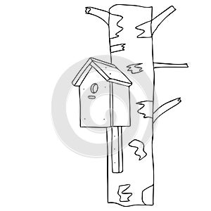 Black hand drawn outline vector illustration of A birdhouse or squirrel house for birds or squirrel from new boards is hanging on