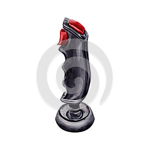 Black hand drawn retro video game joystick controller with red buttons. Warercolor illustration on white background. 1990s era