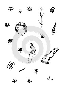 Black hand drawn set. Vector doodle illustration with flowers, seashells, notebook, handbag, shoes and a girl`s face. Isolated el