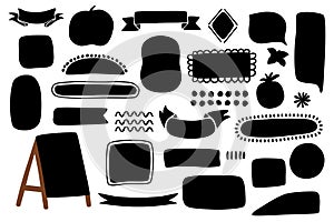 Black hand drawn shapes, sketched framed, chalkboard, ribbons, rough edge banners, circles, oval, rectangle set. Black