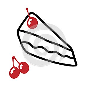 Black hand-drawn vector illustration of triangular piece of cake with a red cherry and two cherries isolated on a white