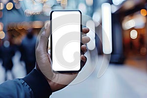 Black hand holding smartphone with blank screen in shopping mall. Shopping or business smartphone mockup