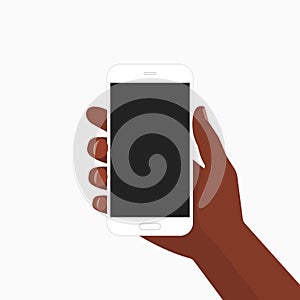 Black hand holding white smartphone illustration