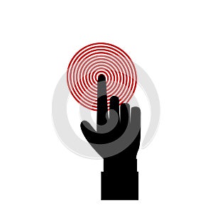 Black hand with index finger touching red target or pressing a button