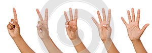 Black hand showing one to five fingers count signs isolated on white background with Clipping path included. Communication gesture