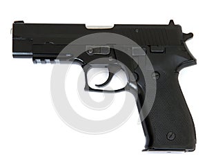 Black handgun isolated on white background. weapons.