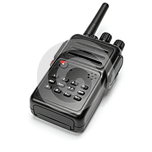 Black handheld two-way radio with antenna. Features include a number pad with
