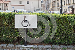Black handicapped symbol of wheelchair on a parking lot, sign of parking space for disabled visitors. Summer sunny day