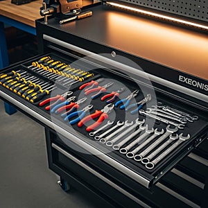 And black handles red and blue handled pliers and an array of