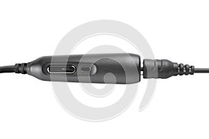 Black hands-free mobile phone audio headset microphone garniture macro closeup, isolated horizontal large detailed smartphone set