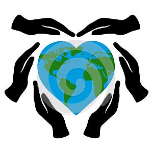 Black hands holding a heart-shaped earth isolated on a white