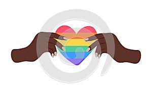 Black Hands holding rainbow heart heart. Gay flag. Gay family. lgbt community sign