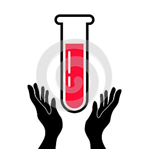 Black hands holding tube test with blood, blood donation icon concept, vector illustration