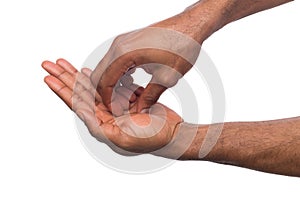 Black hands making acupressure massage, isolated on white
