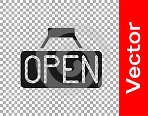 Black Hanging sign with text Open door icon isolated on transparent background. Vector