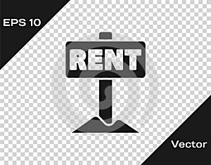 Black Hanging sign with text Rent icon isolated on transparent background. Signboard with text For Rent. Vector