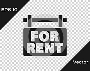 Black Hanging sign with text For Rent icon isolated on transparent background. Signboard with text For Rent. Vector