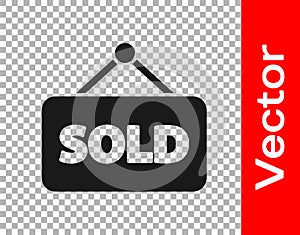 Black Hanging sign with text Sold icon isolated on transparent background. Sold sticker. Sold signboard. Vector