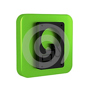 Black Hard disk drive HDD icon isolated on transparent background. Green square button.