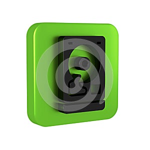 Black Hard disk drive HDD icon isolated on transparent background. Green square button.