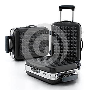 Black hardcase suitcases isolated on white background. 3D illustration