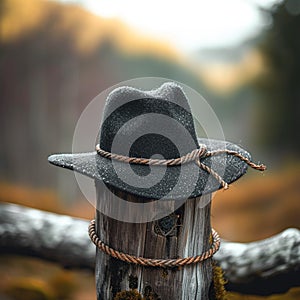 Black hat perched elegantly on a classic wooden fence post