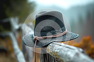 Black hat perched elegantly on a classic wooden fence post