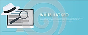 Black hat seo banner. Magnifier, and other search engine optimization tools and tactics