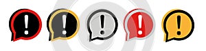 Black hazard warning attention sign or exclamation symbol in a yellow speech bubble icon vector illustration