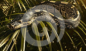Black-headed python on palm fronds