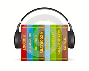 Black headphone and hardcover text books on white background. Isolated 3D illustration