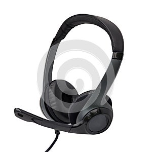 Black headphone with microphone isolated over white background