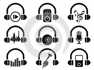 Black headphone with music icons set