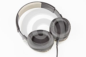 Black headphone for sound music in white background