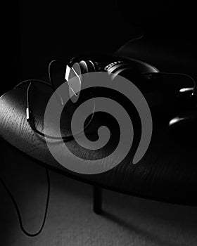 Black aesthetic, black wired headphones