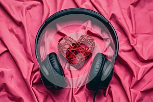 Black headphones on bright pink background with red heart, striking contrast and artistic touch