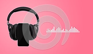 Black headphones and mobile phone isolated on pink background with music sound wave visualization