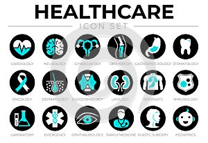 Black Healthcare Icon Set of Cardiology, Neurology, Gynecology, Orthopedy, Gastroenterology, Stomatology,Oncology, Dermatology, photo