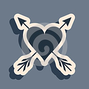 Black Heart with arrow icon isolated on grey background. Happy Valentine`s day. Cupid dart pierced to the heart. Love