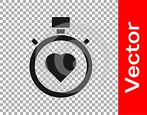 Black Heart in the center stopwatch icon isolated on transparent background. Valentines day. Vector