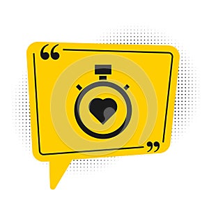 Black Heart in the center stopwatch icon isolated on white background. Valentines day. Yellow speech bubble symbol