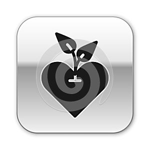 Black Heart icon isolated on white background. First aid. Healthcare, medical and pharmacy sign. Silver square button