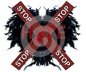 Black heart made of black feathers with text STOP HATE