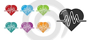 Black Heart rate icon isolated on white background. Heartbeat sign. Heart pulse icon. Cardiogram icon. Set icons