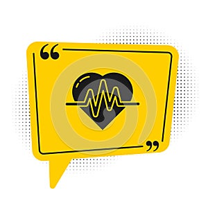 Black Heart rate icon isolated on white background. Heartbeat sign. Heart pulse icon. Cardiogram icon. Yellow speech