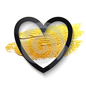 Black heart shape border on golden brush stroke vector illustration. Realistic 3d frame geometric shape, gold splash