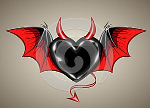 Black heart with vampire wings and horn