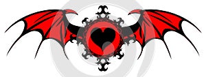 Black heart on winged decoration, bat, red and black, isolated.