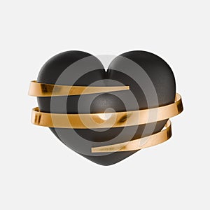 A black heart wrapped with gold ribbon. 3d render. Element for valentine's day.