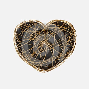 A black heart wrapped with gold ribbons. 3d render. Element for valentine's day.